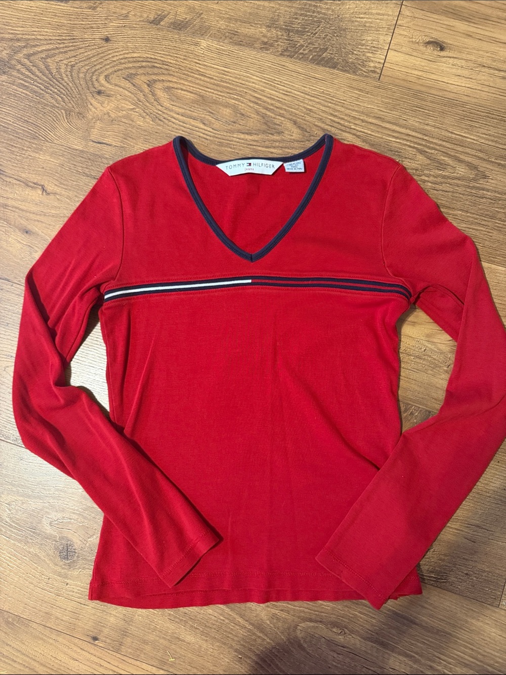 Vintage Tommy Hilfiger Jeans Red V Neck Long Sleeve Y2K Top